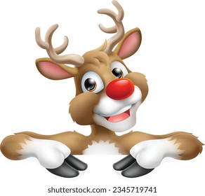 Cartoon Santa Claus or Father Christmas reindeer peeking over a sign