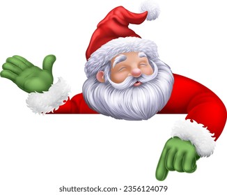 Caricatura de Papá Noel o Papá Noel mirando por un cartel y señalando