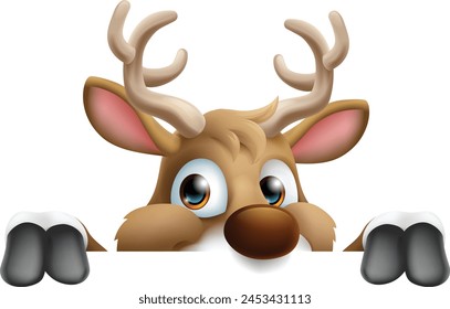 Cartoon Santa Claus or Father Christmas reindeer peeking over a sign