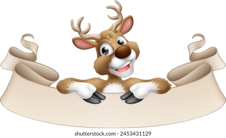 Cartoon Santa Claus or Father Christmas reindeer peeking over a scroll sign