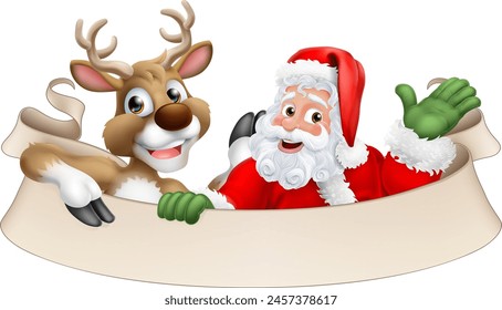 Cartoon Santa Claus or Father Christmas and his reindeer peeking over a scroll sign