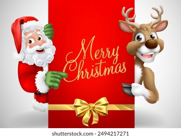 Cartoon Santa Claus or Father Christmas and his reindeer peeking around a sign and pointing