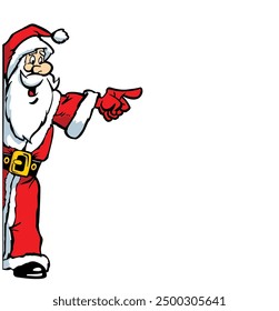 Cartoon Santa Claus or Father Christmas peeking around corner and pointing sign board. Vector on transparent background