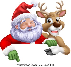 Cartoon Santa Claus or Father Christmas and his reindeer peeking over a sign and pointing