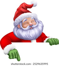 Cartoon Santa Claus or Father Christmas peeking over a sign and pointing