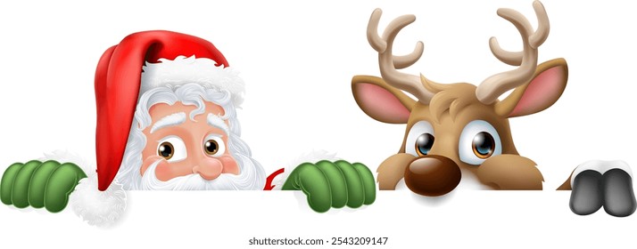 Cartoon Santa Claus or Father Christmas and his reindeer peeking over a sign and pointing