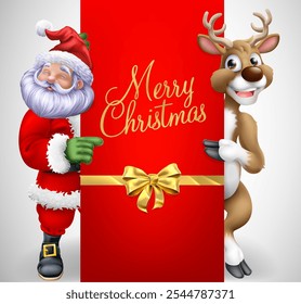 Cartoon Santa Claus or Father Christmas and his reindeer peeking around a sign and pointing