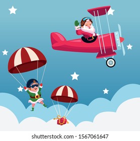 cartoon santa claus flying in a airplane and parachutes with christmas elf and gift box, colorful design , vector illustration