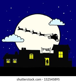 Cartoon of Santa Claus flying the reindeer sleigh across house roof top on a full moon Christmas night.