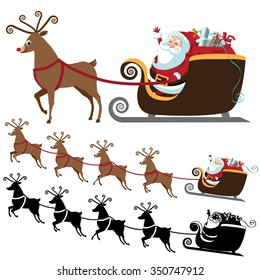 Cartoon Santa Claus with flying reindeer collection. EPS 10 vector illustration.