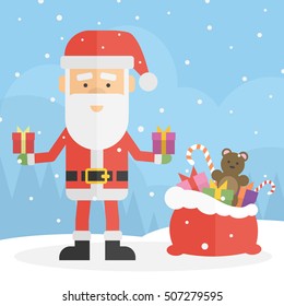 Cartoon Santa Claus. Funny Santa with big bag of toys and two gifts in the hands. Standing on the snow with snowflakes.