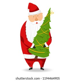 Cartoon Santa Claus. Funny happy Santa character with christmas tree, glad. For new year invitation, cards, banners, tags and labels isolated