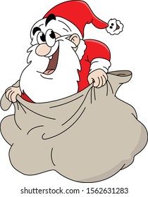 Cartoon Santa Claus getting out of his sack vector illustration