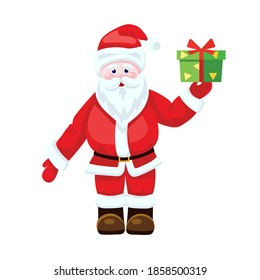 Cartoon Santa Claus with a gift box in his hand. Colorful vector illustration on white background.