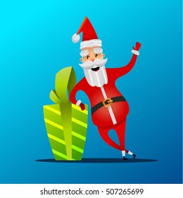 Cartoon Santa Claus with gift box . Christmas greeting card template . Vector flat style illustration