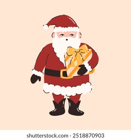 Cartoon Santa Claus with a gift. Flat vector illustration.
