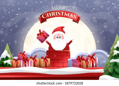 Cartoon Santa Claus with gifts going down to the chimney against moon background. Merry Christmas and Happy New Year card. Santa Claus stuck in the chimney on the roof. Vector illustration