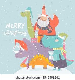 Cartoon Santa Claus with gifts sitting on dinosaur