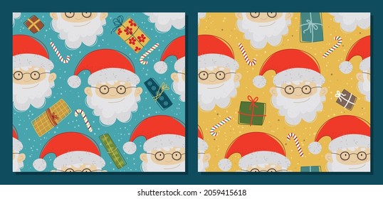 Cartoon Santa Claus with gifts - vector set of seamless Christmas patterns. Winter background for fabric, textile, wallpaper, posters, gift wrapping and paper, napkins. Print for kids, children