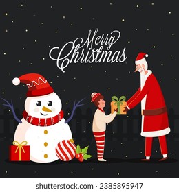 Cartoon Santa Claus Giving Gift to Boy with Snowman, Holly Berry and Bauble on Dark Background for Merry Christmas Celebration.