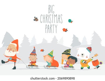 Cartoon Santa Claus going to Big Party with Happy Kids and Animals