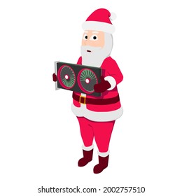 Cartoon Santa Claus with a graphics card. Santa Claus is holding an expensive and scarce video card for a computer.