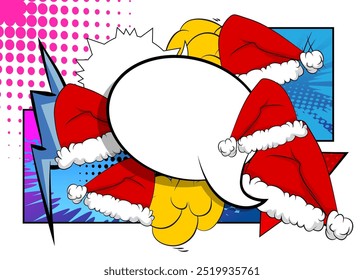 Cartoon Santa Claus hat with blank speech bubble, comic book Christmas background. Retro vector comics pop art design.