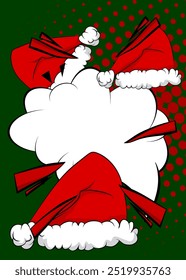 Cartoon Santa Claus hat with blank speech bubble, comic book Christmas background. Retro vector comics pop art design.