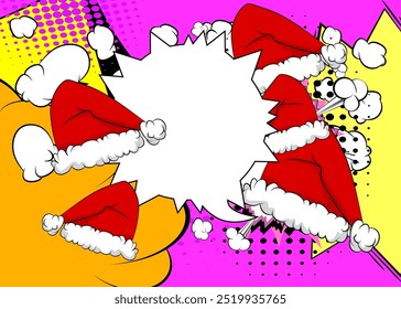 Cartoon Santa Claus hat with blank speech bubble, comic book Christmas background. Retro vector comics pop art design.