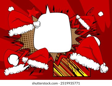 Cartoon Santa Claus hat with blank speech bubble, comic book Christmas background. Retro vector comics pop art design.