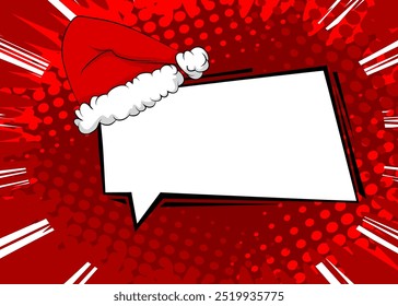 Cartoon Santa Claus hat with blank speech bubble, comic book Christmas background. Retro vector comics pop art design.