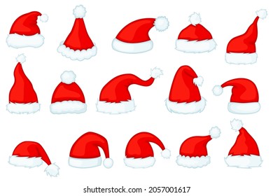 Cartoon santa claus hats, christmas red santas caps. Xmas photo booth props, winter holiday new year party costume elements vector set. Carnival or festival headdress isolated on white