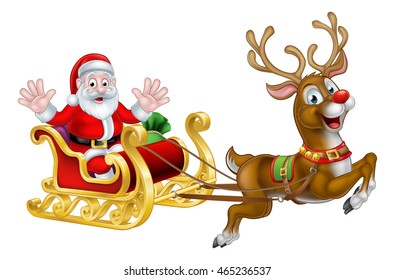 Cartoon Santa Claus in his Christmas sleigh sled with his red nosed reindeer 