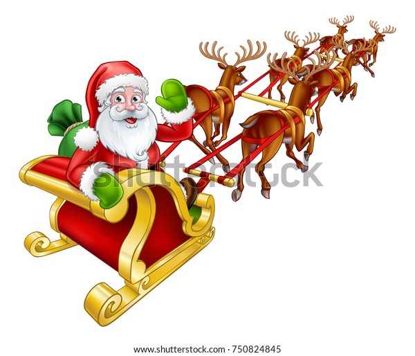 Cartoon Santa Claus His Flying Sleigh Stock Vector (Royalty Free) 750824845