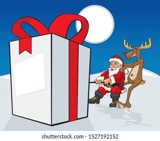 cartoon of santa claus and and his raindeer pulling a big gift box