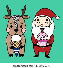 Cartoon of Santa Claus and his reindeer love to eat sweet thing. Simple cute hand draw line vector and minimal icons flat style Character illustration.
