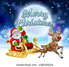 Cartoon Santa Claus in his sleigh pulled by reindeer with winter moon background and Merry Christmas message