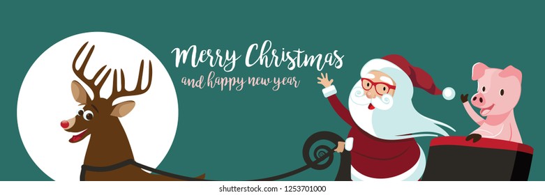 Cartoon Santa Claus in his sleigh with his pis to celebrate Christmas and Chinese New Year. EPS10 vector illustration.