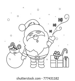 Cartoon Santa Claus with a Ho Ho Ho message, a bag of gifts and candies and presents on the floor. snowflakes falling from the sky. Black and white outlines, coloring book page.