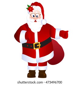 Cartoon Santa Claus holding bag with gifts, with thumb up
