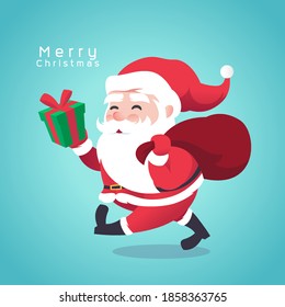 Cartoon santa claus holding a gift on blue background
