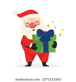 Cartoon Santa Claus holding a gift with a bow. Merry Christmas. Vector graphic.