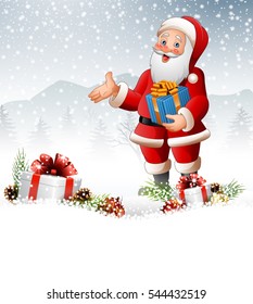 Cartoon Santa Claus holding a gift box