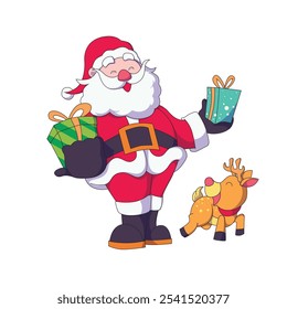 cartoon santa claus holding gifts in both hands and there is a happy little reindeer under santa claus feet