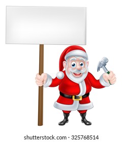 Cartoon Santa Claus holding a hammer and sign board banner