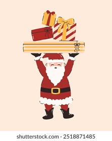 Cartoon Santa Claus holding many gifts. Flat vector illustration.