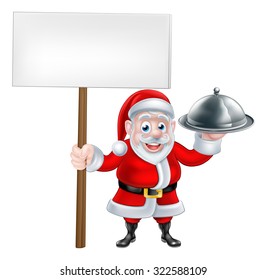 Cartoon Santa Claus holding a plate of food and a sign