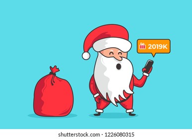 Cartoon Santa Claus holding smart phone. Blue background.