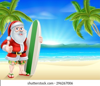 Cartoon of Santa Claus holding a surf board and giving a thumbs up in his Hawaiian board shorts and flip flop sandals on a tropical beach