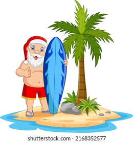 Cartoon santa claus holding a surfboard in the tropical island